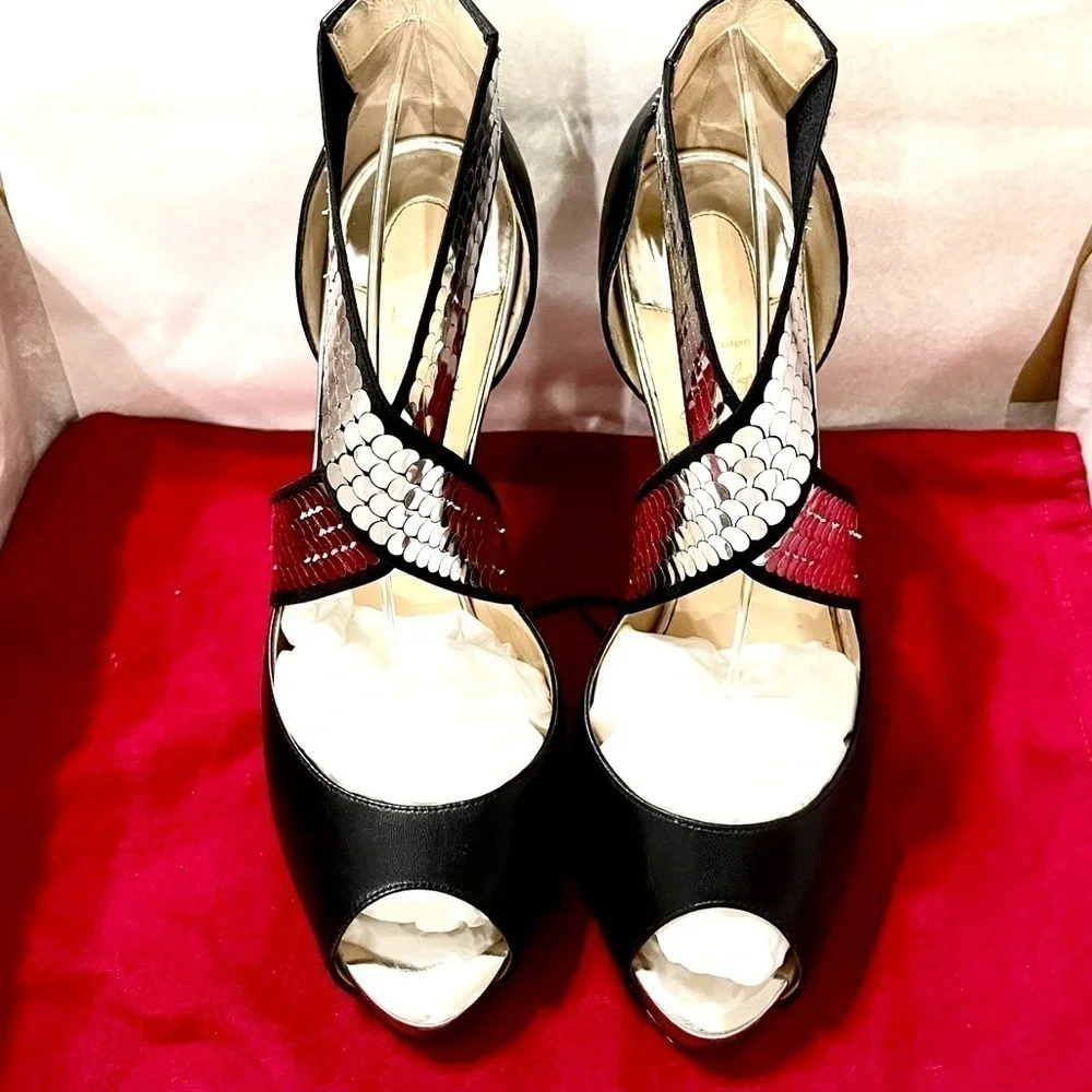 Christian Louboutin Hyper sequin cross strap peep toe Napa leather black EU39.5